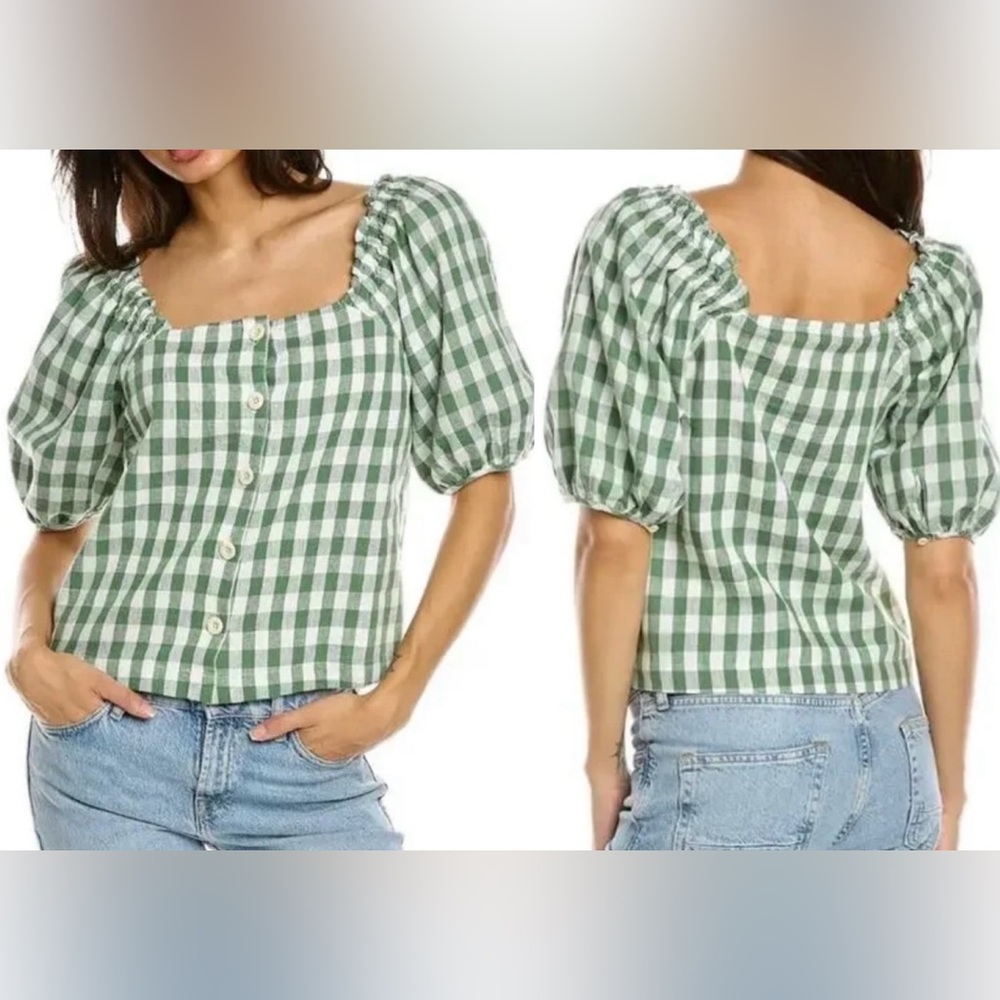 NWT Madewell Green and White Gingham Square Neck Puff Sleeve Top